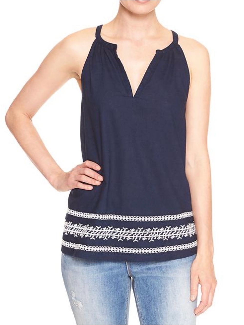 Gap Factory Sleeveless Navy Halter Top with White Embroidered Hem